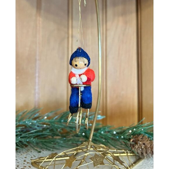 Vintage Miniature Felted Wool Boy Bicycle Christmas Ornament - Picture 3 of 4